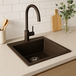 GraniteMy Uniwersalny granitowy zlewozmywak kawiarniany 40x40 cm montaż nablatowy, podblatowy i równy z blatem z korkiem ze stali nierdzewnej 1208967212